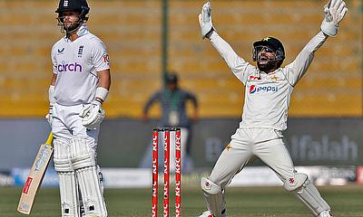 Pakistan's wicketkeeper Mohammad Rizwan appeals successfully for the wicket of England's Ben Duckett