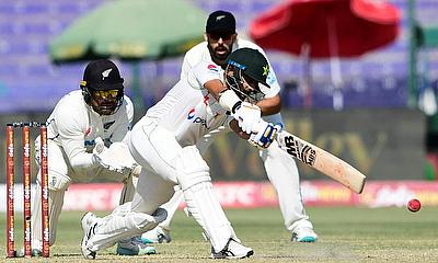 Pakistan's Saud Shakeel plays a shot on his way to an unbeaten century against New Zealand