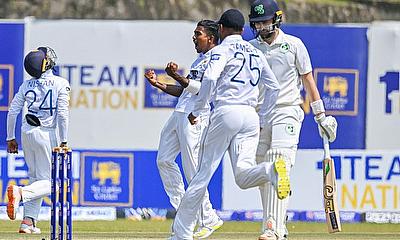 Sri Lanka's Vishwa Fernando celebrates after taking the wicket of Ireland's captain Andrew Balbirnie