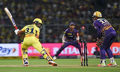 CSK batsman Ruturaj Gaikwad is bowled by KKR's Suyash Sharma alt=