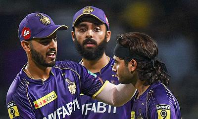 KKR's Suyash Sharma with team captain Nitish Rana celebrate the dismissal of CSK's Ruturaj Gaikwad alt=