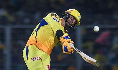 CSK's batsman Devon Conway plays a shot alt=