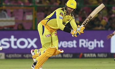 Chennai Super Kings' Devon Conway plays a shot alt=