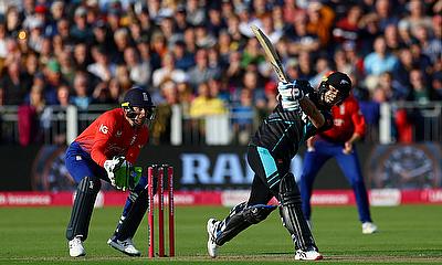New Zealand's Mark Chapman hits a six alt=