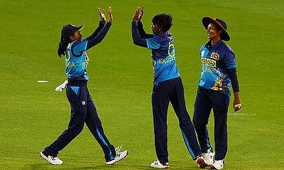 Sri Lanka's Kavisha Dilhari celebrates the wicket of England's Maia Bouchier alt=