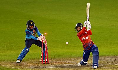 England's Danielle Wyatt is bowled out by Sri Lanka's Inoka Ranaweera alt=