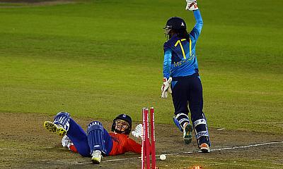 England's Freya Kemp reacts after being stumped by Sri Lanka's Anushka Sanjeewani alt=