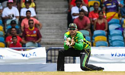 Alex Hales of Jamaica Tallawahs takes the catch to dismiss Lorcan Tucker of Trinbago Knight Riders alt=