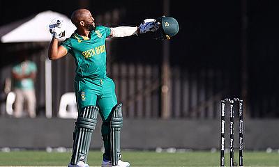 South Africa's Temba Bavuma celebrates after reaching his century alt=
