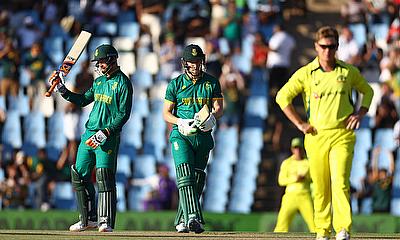 South Africa's Heinrich Klaasen celebrates after reaching 150 runs