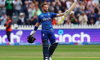 England's Ben Duckett celebrates after reaching his century