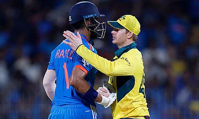 India's KL Rahul shakes hands with Australia's Steve Smith after the match alt=