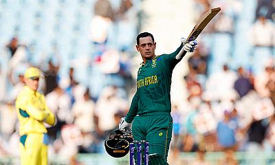 South Africa's Quinton de Kock celebrates after reaching his century alt=