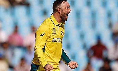 Australia's Glenn Maxwell celebrates after taking the wicket of South Africa's Temba Bavuma alt=