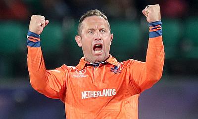 Netherlands' Roelof van der Merwe celebrates the dismissal of South Africa's Captain Temba Bavuma
