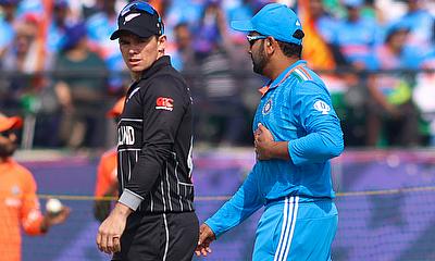 India's captain Rohit Sharma and New Zealand's captain Tom Latham alt=