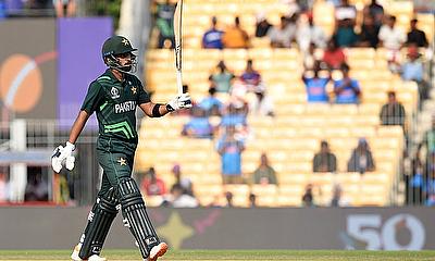 Pakistan's Abdullah Shafique reacts after reaching his half century alt=