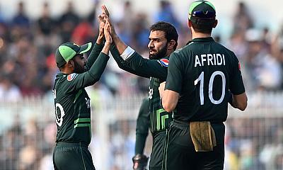 Pakistan's Iftikhar Ahmed celebrates the wicket of Bangladesh's Litton Das