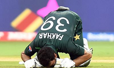 Pakistan's Fakhar Zaman celebrates after scoring a century alt=