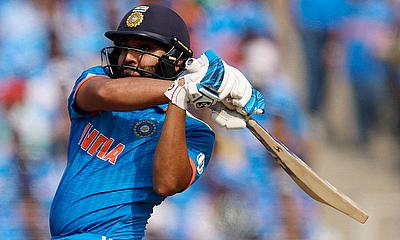 India's Rohit Sharma hits a six alt=