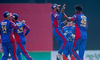 Blessing Muzarabani celebrates the wicket of Jason Roy