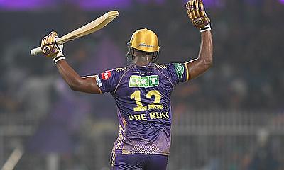 IPL Kolkata Knight Riders' Andre Russell celebrates his half-century