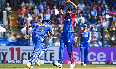 Delhi Capitals' Khaleel Ahmed reacts after a delivery during an IPL alt=