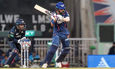 Lucknow Super Giants' captain KL Rahul plays a shot during the IPL