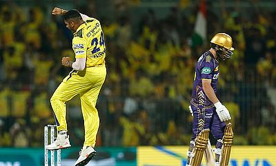 Chennai Super King's Tushar Deshpande celebrates after taking the wicket of Kolkata Knight Rider's Philip Salt