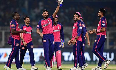 Rajasthan Royals' Avesh Khan, celebrates the wicket of Kolkata Knight Riders' Phil Salt
