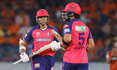 Rajasthan Royals' Yashasvi Jaiswal and Riyan Parag run between the wickets