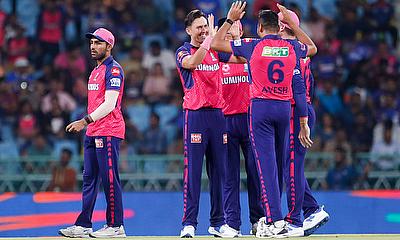 Rajasthan Royals' Trent Boult celebrates the wicket of Lucknow Super Giants' Quinton de Kock