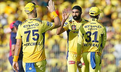 Chennai Super Kings' Simarjeet Singh celebrates