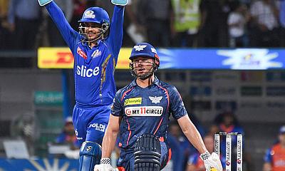 Lucknow Super Giants' Marcus Stoinis reacts after his dismissal alt=