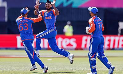 India's Arshdeep Singh celebrates after taking the wicket of Shayan Jahangir of USA alt=