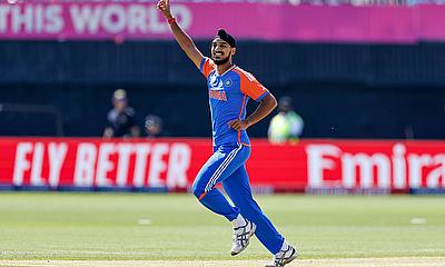 India's Arshdeep Singh celebrates after taking the wicket of Shayan Jahangir of USA alt=