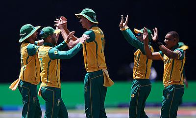 South Africa's Marco Jansen celebrates with teammates