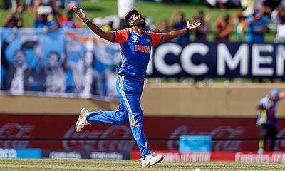 India's Jasprit Bumrah celebrates after taking the wicket of England's Phil Salt alt=