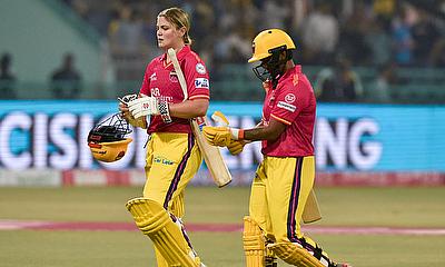 UP Warriorz' Georgia Voll and captain Deepti Sharma walk off the field after the first innings alt=