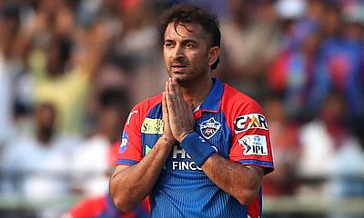 Delhi Capitals' Mohit Sharma celebrates after taking the wicket of Sunrisers Hyderabad's Heinrich Klaasen alt=