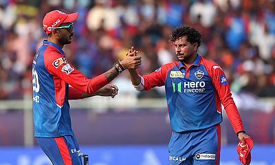Delhi Capitals' Kuldeep Yadav celebrates with Axar Patel after taking athe wicket of Sunrisers Hyderabad's Abhinav Manohar alt=