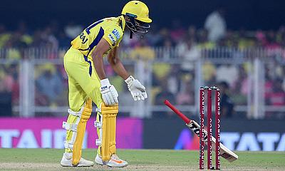 Chennai Super Kings' Ruturaj Gaikwad reacts after being hit by a ball alt=