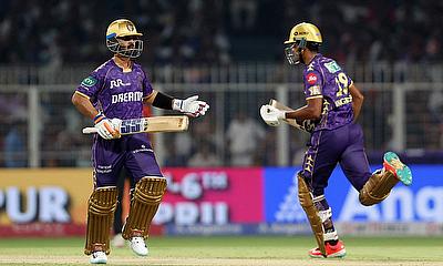 Kolkata Knight Riders' Ajinkya Rahane and Angkrish Raghuvanshi run between the wickets alt=