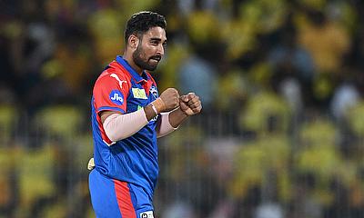 Delhi Capitals' Vipraj Nigam celebrates after taking the wicket of Chennai Super Kings' Shivam Dube alt=