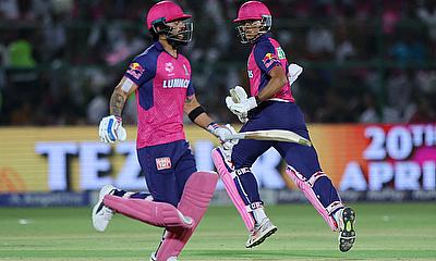 Rajasthan Royals' Riyan Parag and Yashasvi Jaiswal in action as they run between the wickets alt=