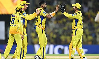 Chennai Super Kings' Khaleel Ahmed celebrates with teammates alt=