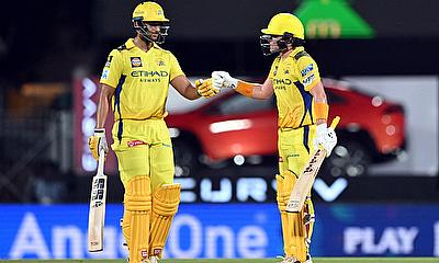 Chennai Super Kings' Sam Curran and Shivam Dube interact alt=