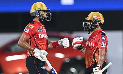 Punjab Kings' Shreyas Iyer and Prabhsimran Singh celebrate after completing their 50 runs partnership alt=