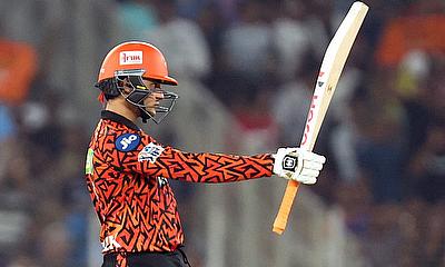 Sunrisers Hyderabad's Abhishek Sharma celebrates after reaching his half century alt=