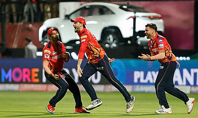 Punjab Kings' Nehal Wadhera celebrates after taking a catch to dismiss Lucknow Super Giants' Mitch Marsh off the bowling of Punjab Kings' Arshdeep Singh alt=